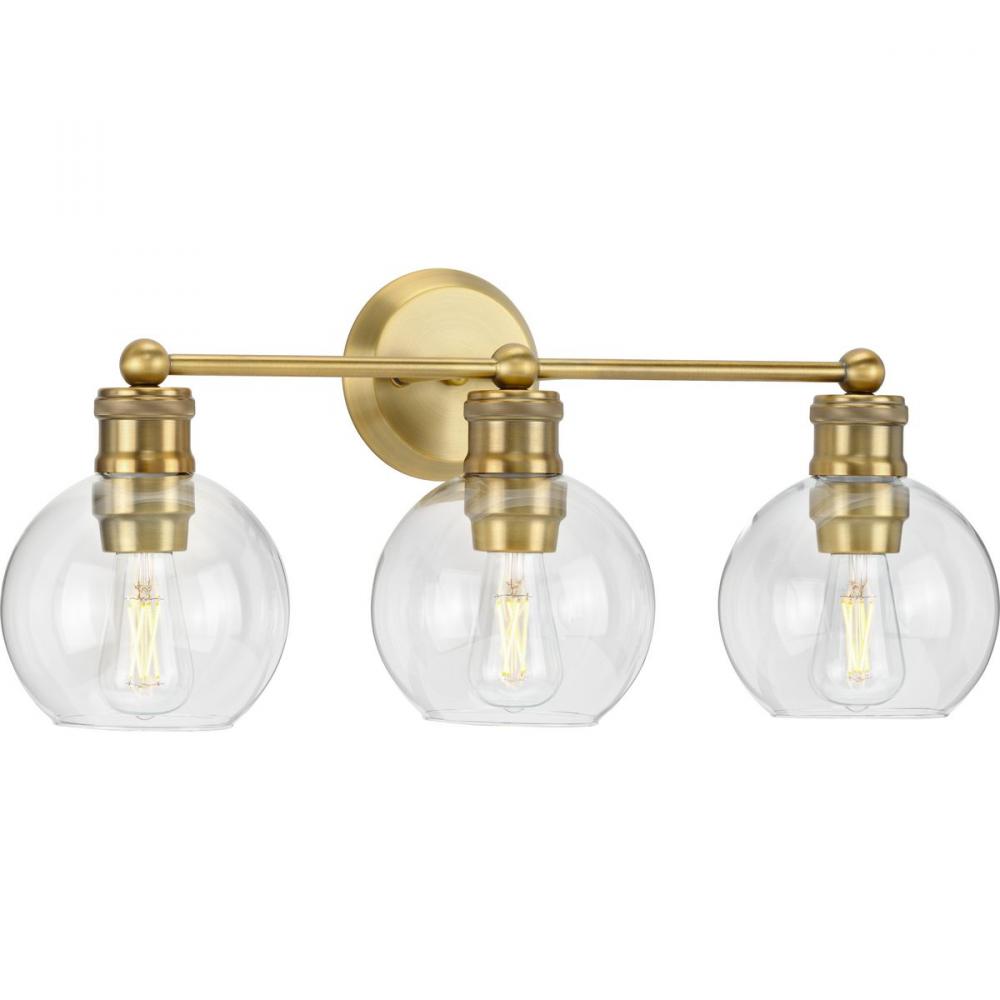 Hansford Collection Three-Light Vintage Brass Clear Glass Farmhouse Bath Vanity Light