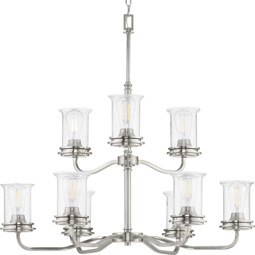 Winslett Collection Nine-Light Brushed Nickel Clear Seeded Glass Coastal Chandelier Light