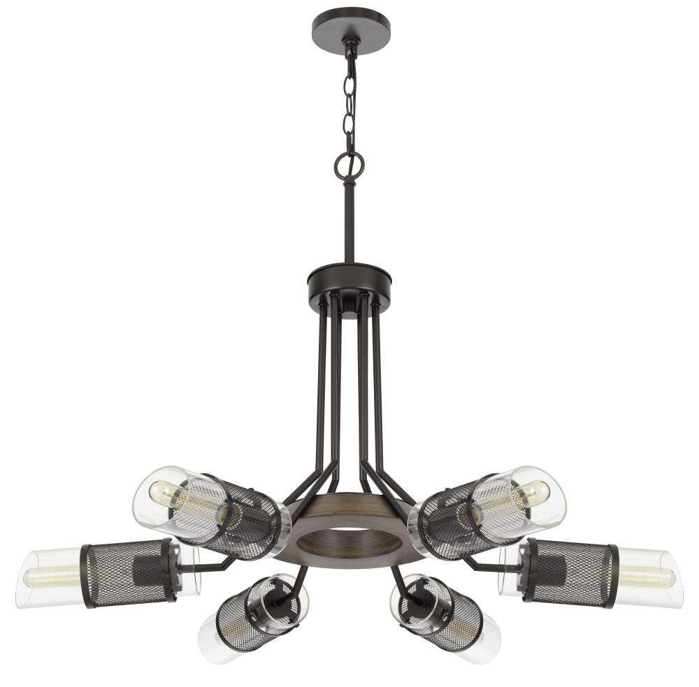 60W x 6 Savona pine wood/metal chandelier with double layer glass/metal mesh shade. (Edison bulbs NO