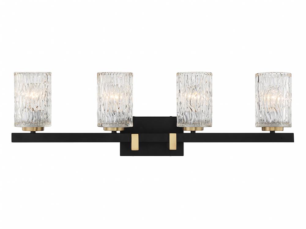 Keene 4-Light Bathroom Vanity Light in Matte Black with Warm Brass Accents