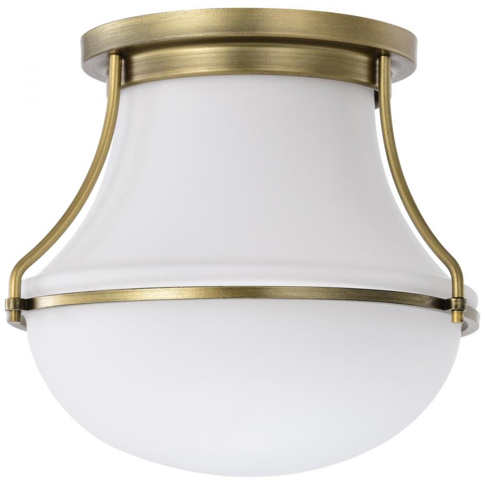 Valdora 1 Light Flush Mount; 10 Inches; Natural Brass Finish; White Opal Glass